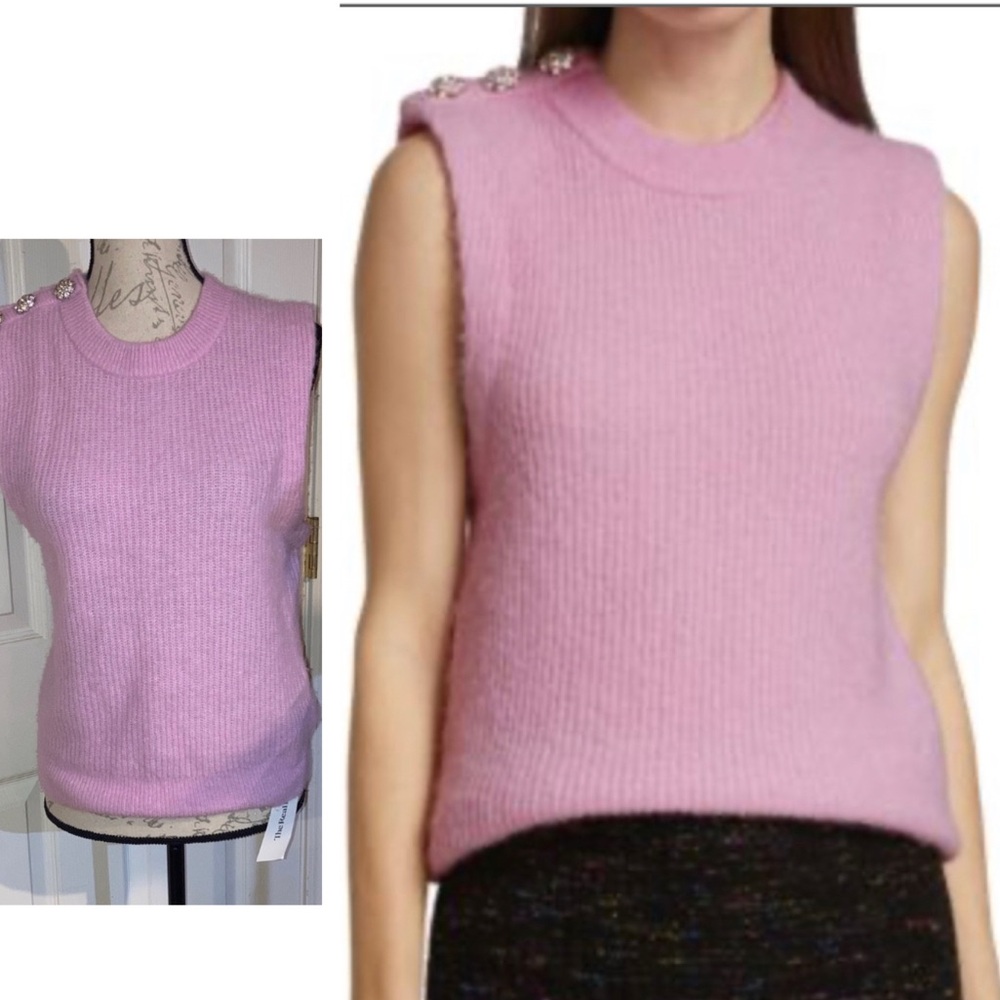 Ganni Wool Bejewelled Sleeveless Soft Knit Pale Lilac Pink Top sz Small